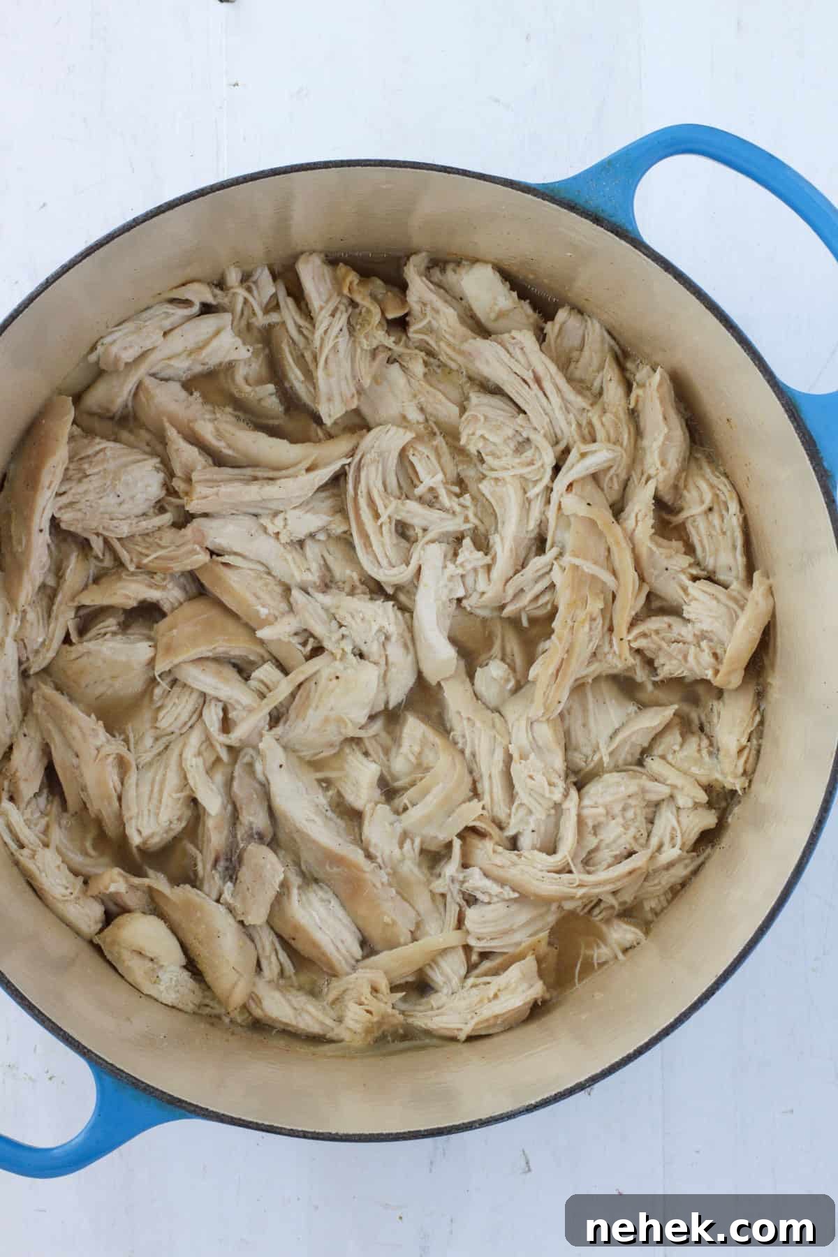 Pulled chicken in a large Dutch oven.