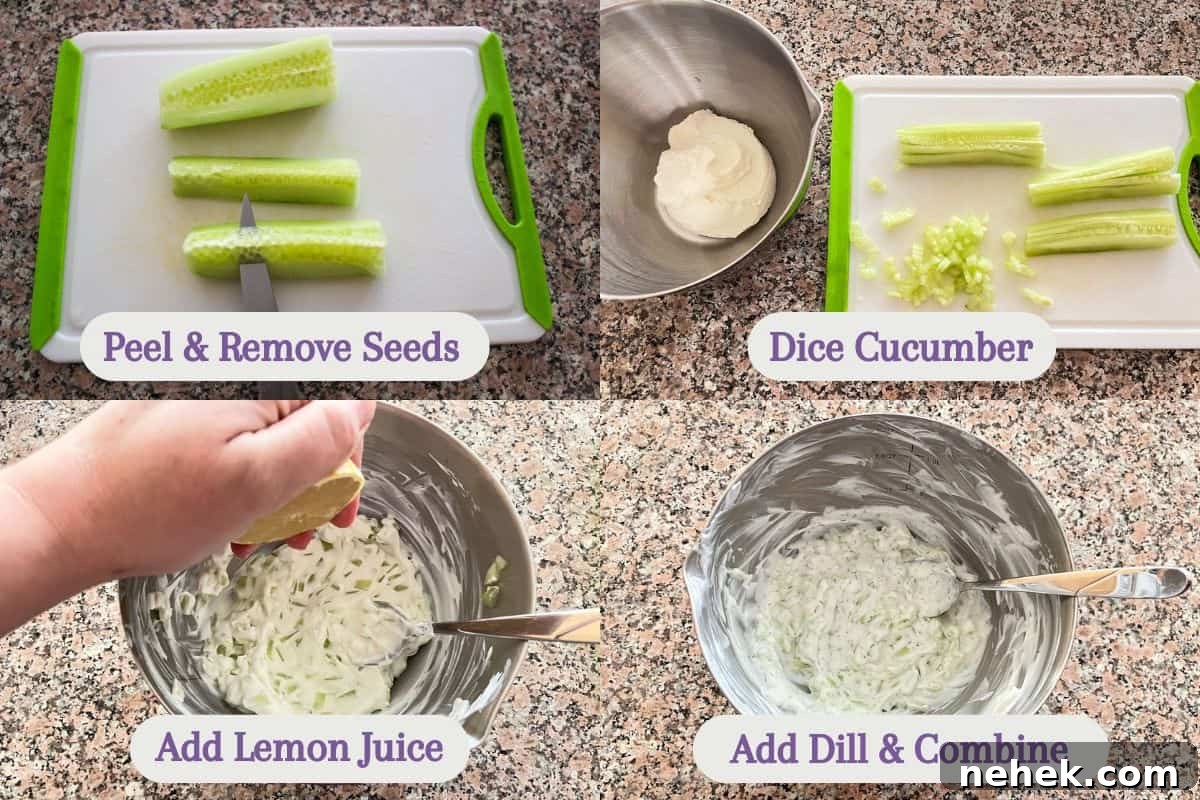 Four labeled images showing the making of tzatziki sauce: first the peeled cucumber having the seeds removed, then being diced small, then mixed into yogurt with lemon juice, and finally dill being added and stirred again.