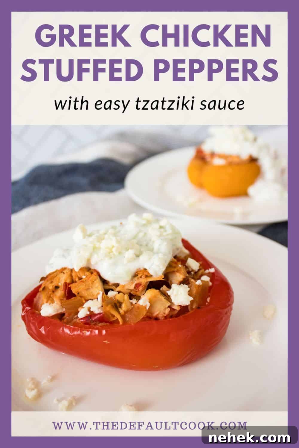 Two bell pepper halves on two plates, stuffed with a chicken mixture and topped with sauce, text above the photo reading "greek chicken stuffed peppers with easy tzatziki sauce" and the website below.