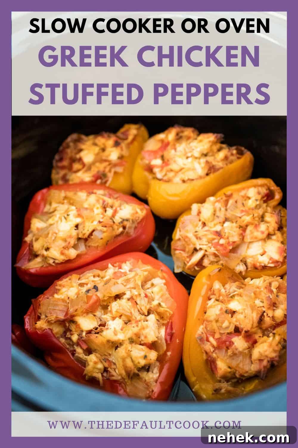 Pepper halves stuffed with feta, chicken, and vegetables in a slow cooker, with text above reading "slow cooker or oven greek chicken stuffed peppers" and the website name "www.thedefaultcook.com" below.