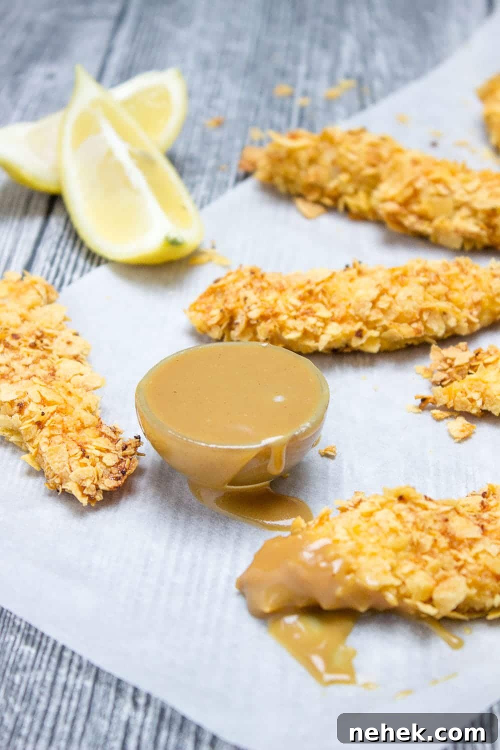 Crispy Baked Cornflake Chicken Tenders You’ll Love 4 Crispy Baked Cornflake Chicken Tenders made without added fat are the perfect low-calorie, quick and HEALTHY family meal. Served with homemade Honey Dijon Sauce, these tenders are delicious gameday finger food too. CLICK to read more or PIN for later!
