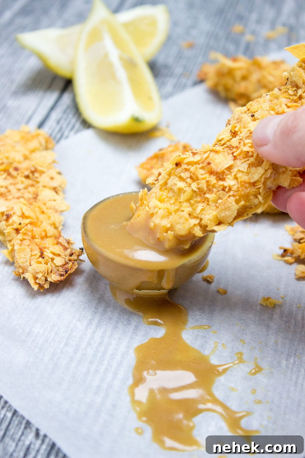 Crispy Baked Cornflake Chicken Tenders You’ll Love 5 Crispy Baked Cornflake Chicken Tenders made without added fat are the perfect low-calorie, quick and HEALTHY family meal. Served with homemade Honey Dijon Sauce, these tenders are delicious gameday finger food too. CLICK to read more or PIN for later!
