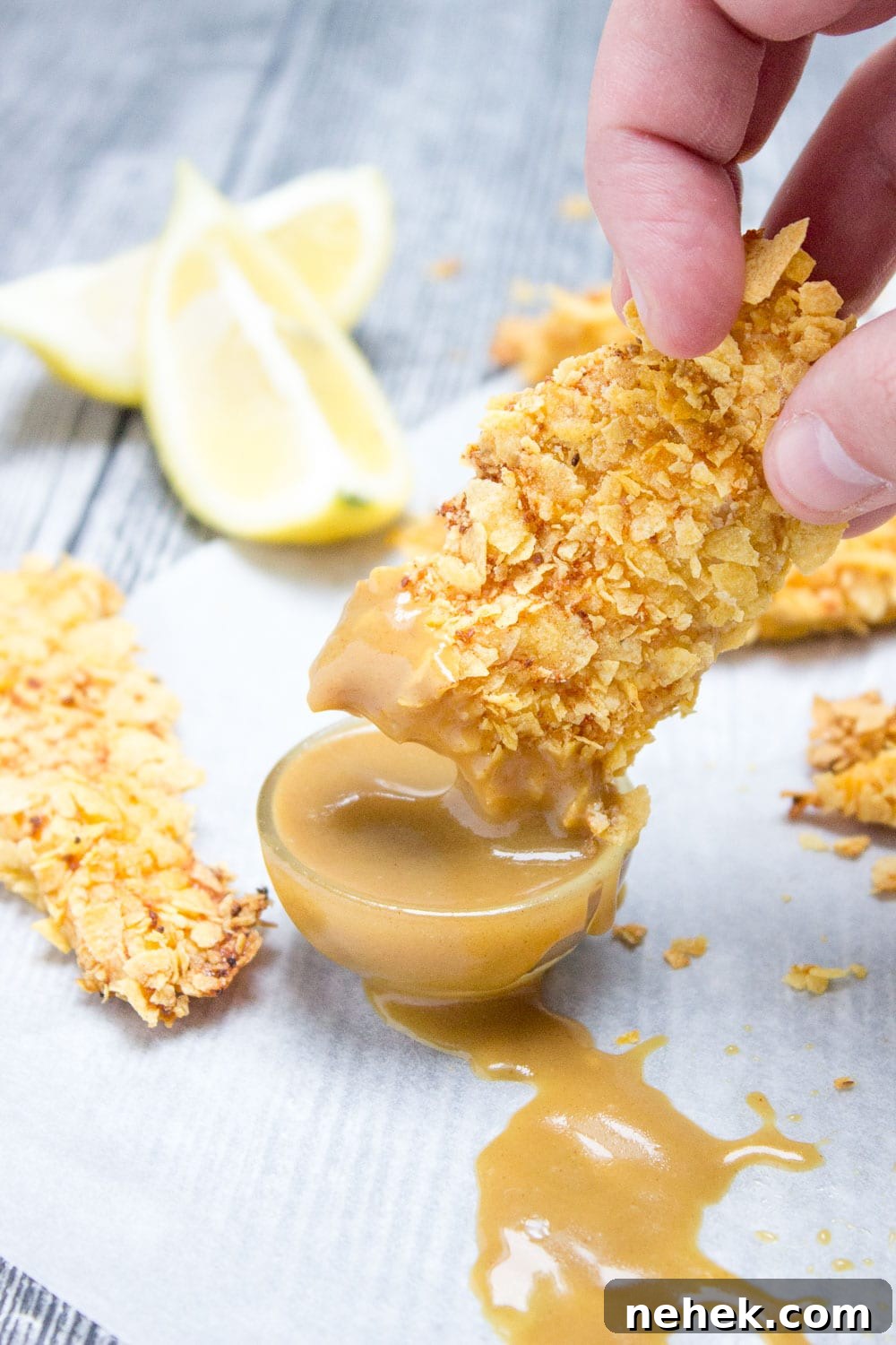 Crispy Baked Cornflake Chicken Tenders You’ll Love 6 Crispy Baked Cornflake Chicken Tenders made without added fat are the perfect low-calorie, quick and HEALTHY family meal. Served with homemade Honey Dijon Sauce, these tenders are delicious gameday finger food too. CLICK to read more or PIN for later!