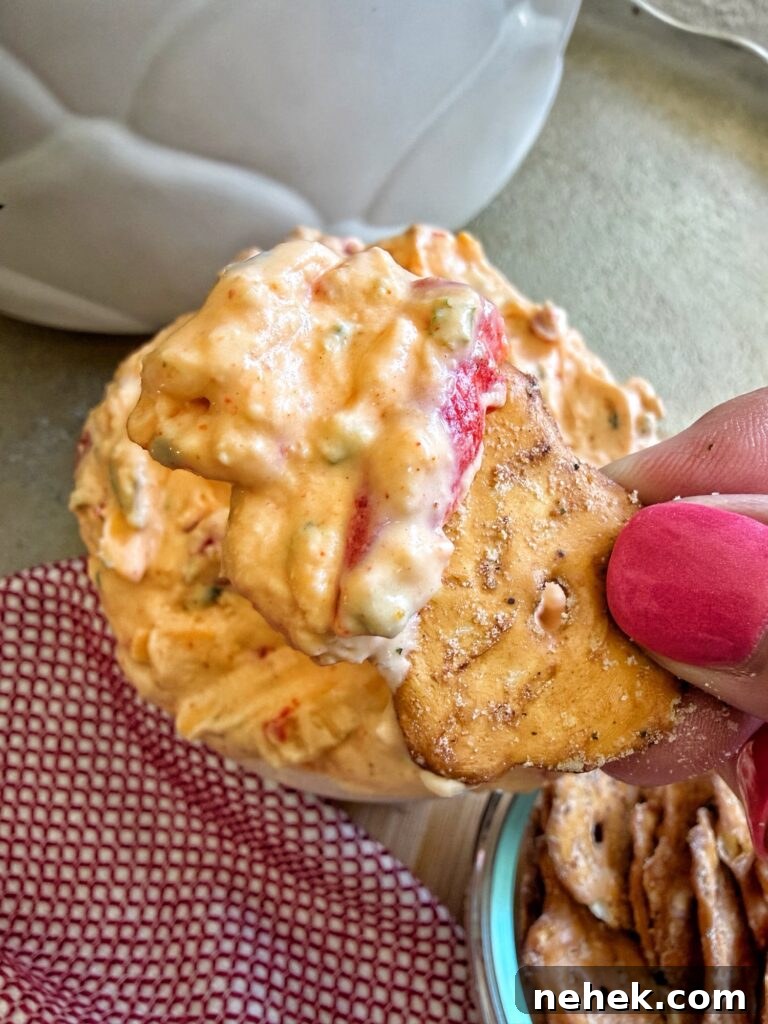 The dip on a pretzel cracker