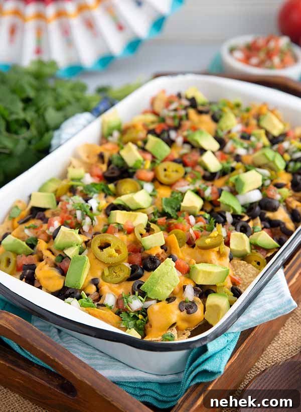 Vegan Jackfruit Nachos in a baking dish