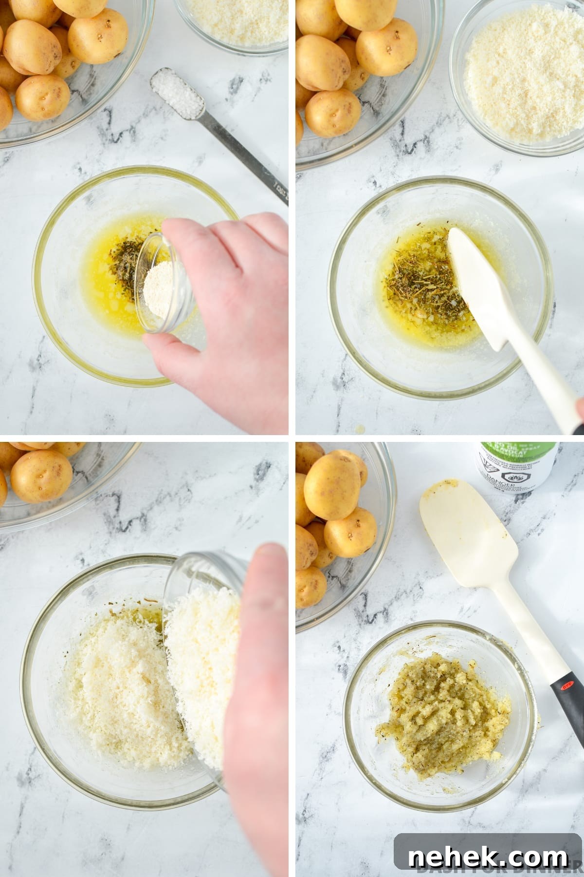 Adding seasonings and parmesan cheese to a bowl of melted butter.