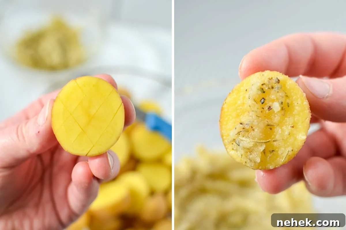 A baby potato with a crosshatch pattern covered in a parmesan and butter paste.