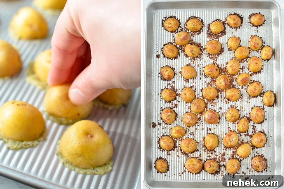 Adding baby potatoes to a baking sheet.
