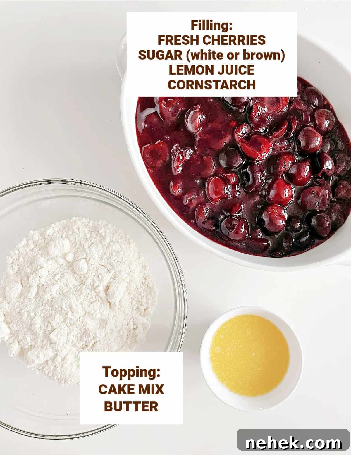 White surface with bowls containing ingredients for cherry dump cake including pie filling, butter, cake mix. Brown text overlay.