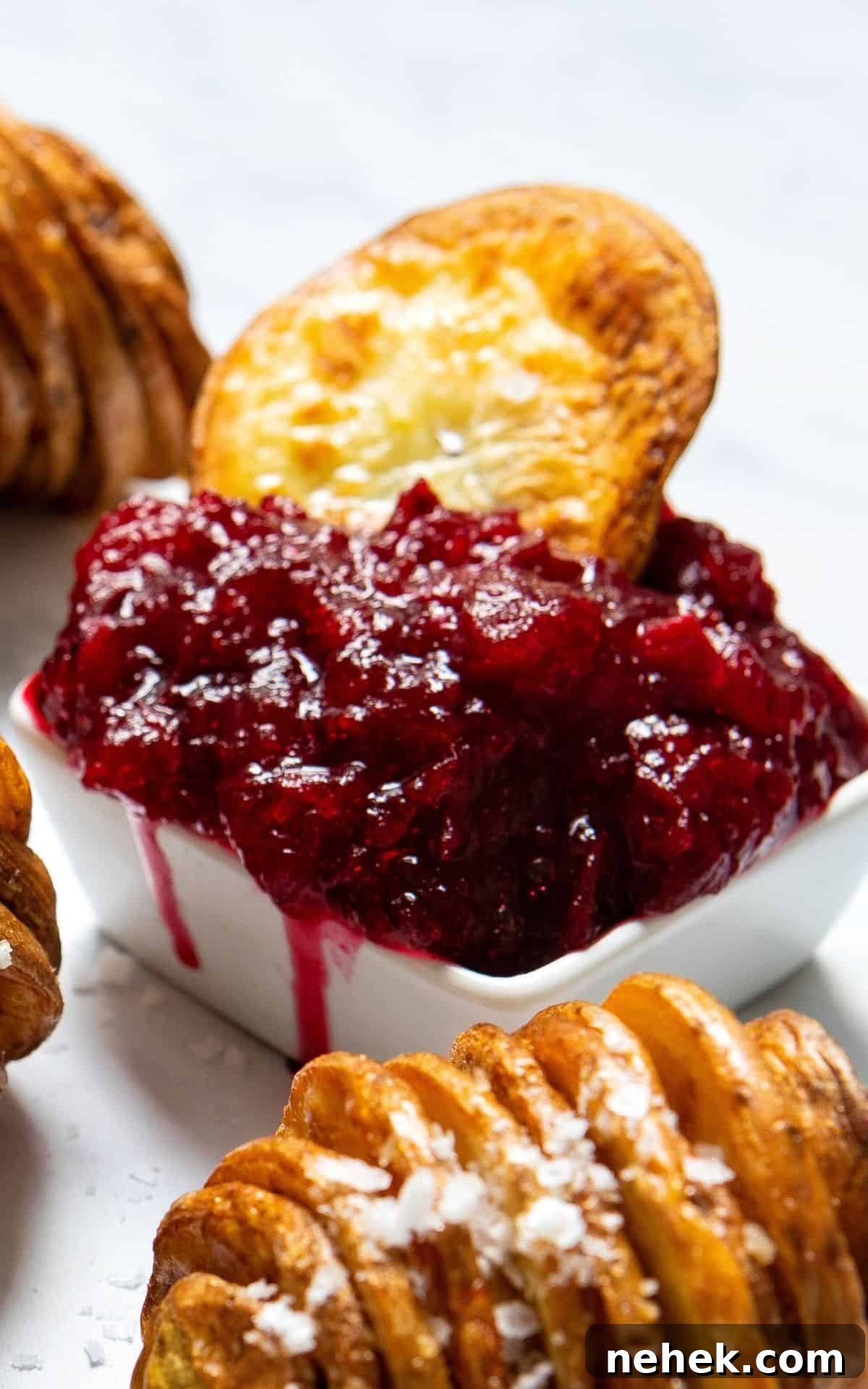 Potato slice dipped in a bowl of homemade sugar-free cranberry sauce.