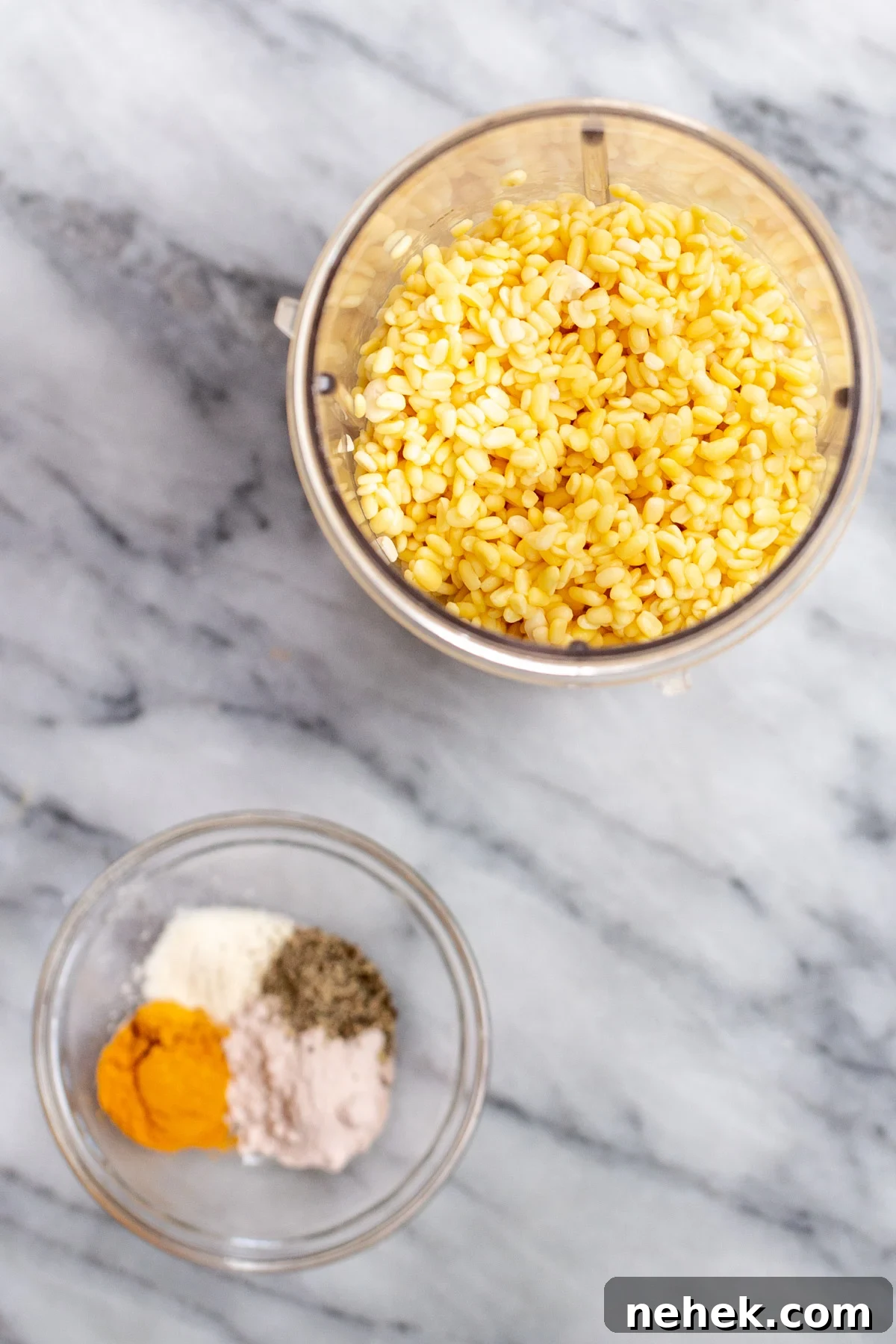 Vegan Moong Egg Sandwich Recipe: Protein-Packed Plant-Based Breakfast 6 moong dal in a blender with a small dish with spices on the side