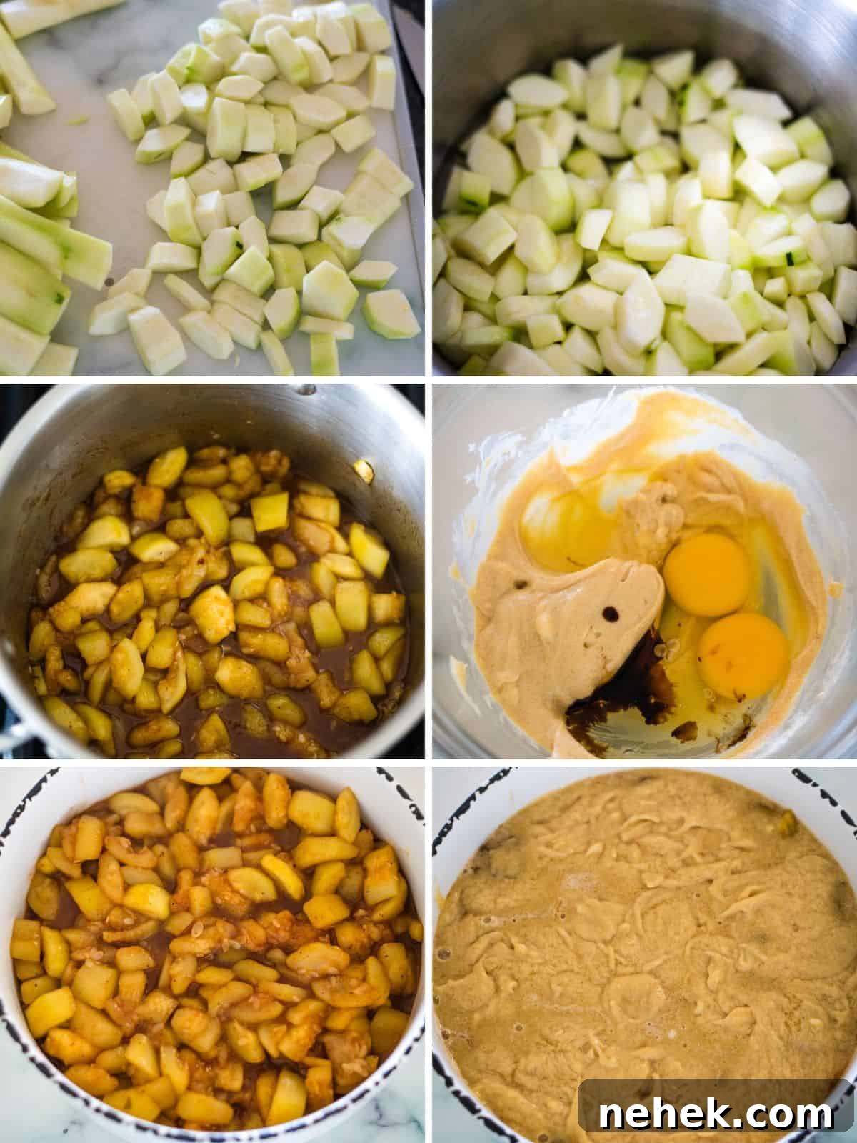 Sequence of six images showing the preparation steps for a dish with chopped apples: cutting, mixing with spices in a pot, adding eggs and vanilla, combining ingredients, and pouring batter into a baking dish.