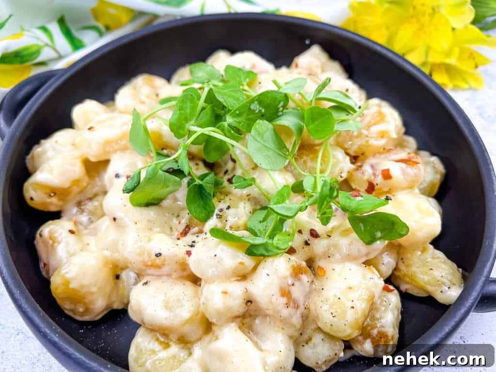 Lemon Parmesan Gnocchi with Creamy Citrus Sauce 3 Gnocchi with Lemon Parmesan Sauce in a black serving bowl