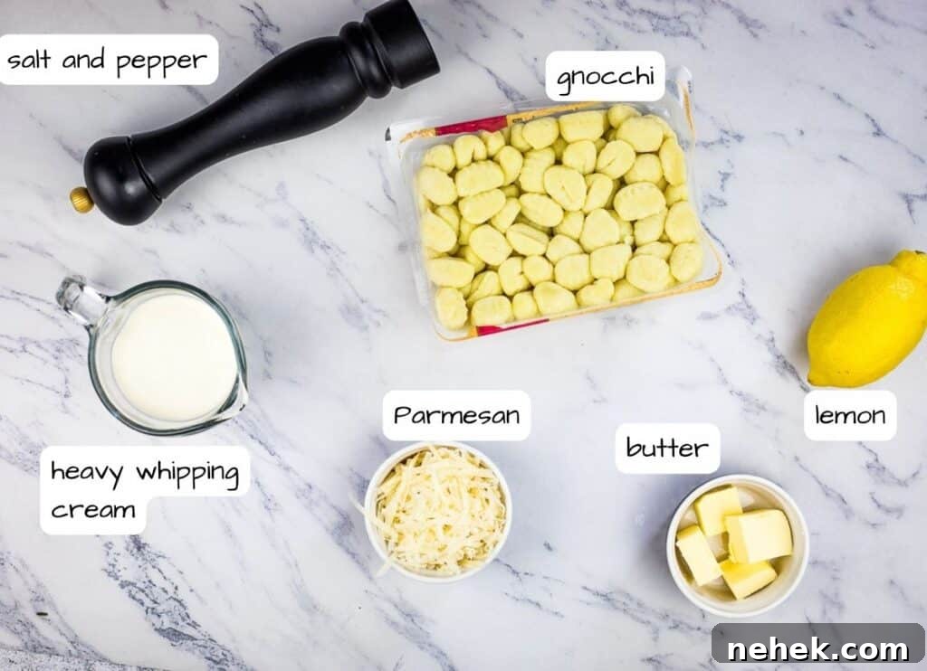 Lemon Parmesan Gnocchi with Creamy Citrus Sauce 4 Labeled ingredients to make gnocchi with lemon sauce.