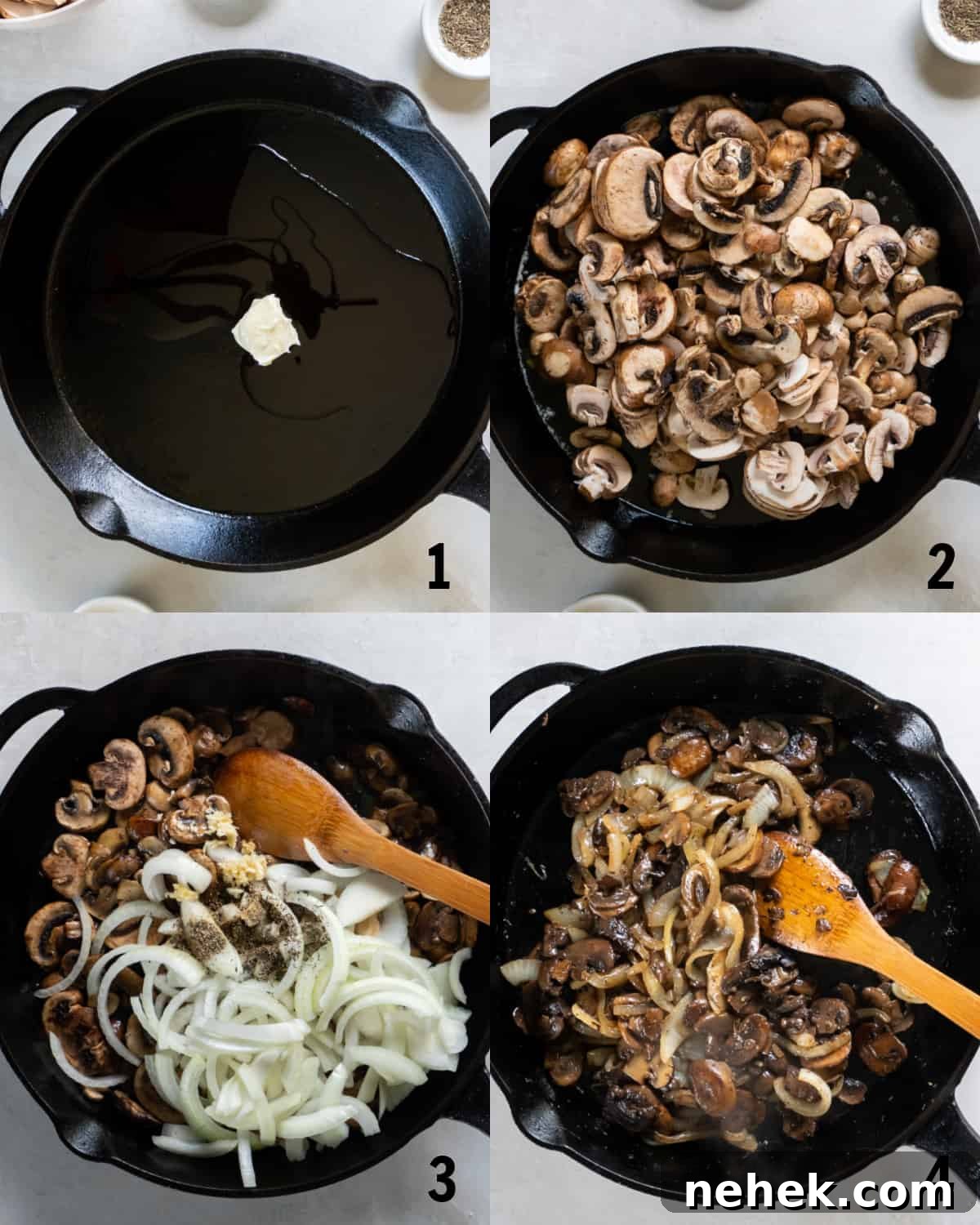 Sauteeing the butter in a skillet before adding the mushrooms, onions and seasonings.