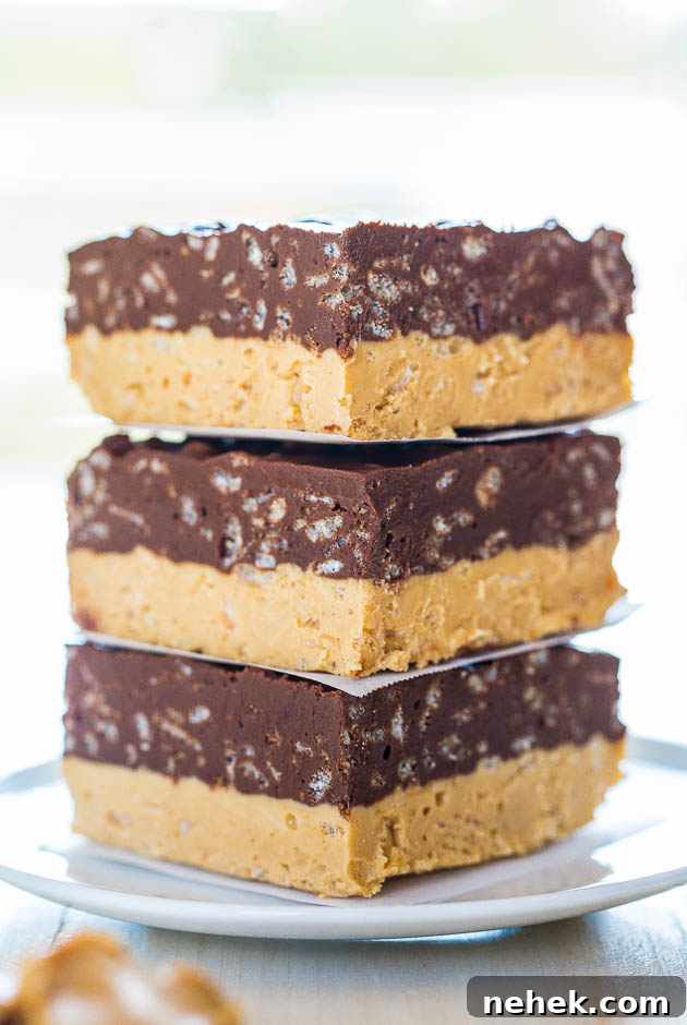 Three chocolate peanut butter fudge bars stacked on top of each other.