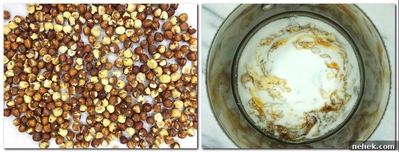 Photo 1: Roasted hazelnuts on a board Photo 2: Melting sugar in a pan