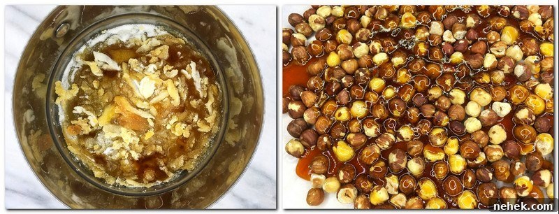 Photo 3: Halfway ready golden caramel Photo 4: Hazelnuts with caramel on parchment paper