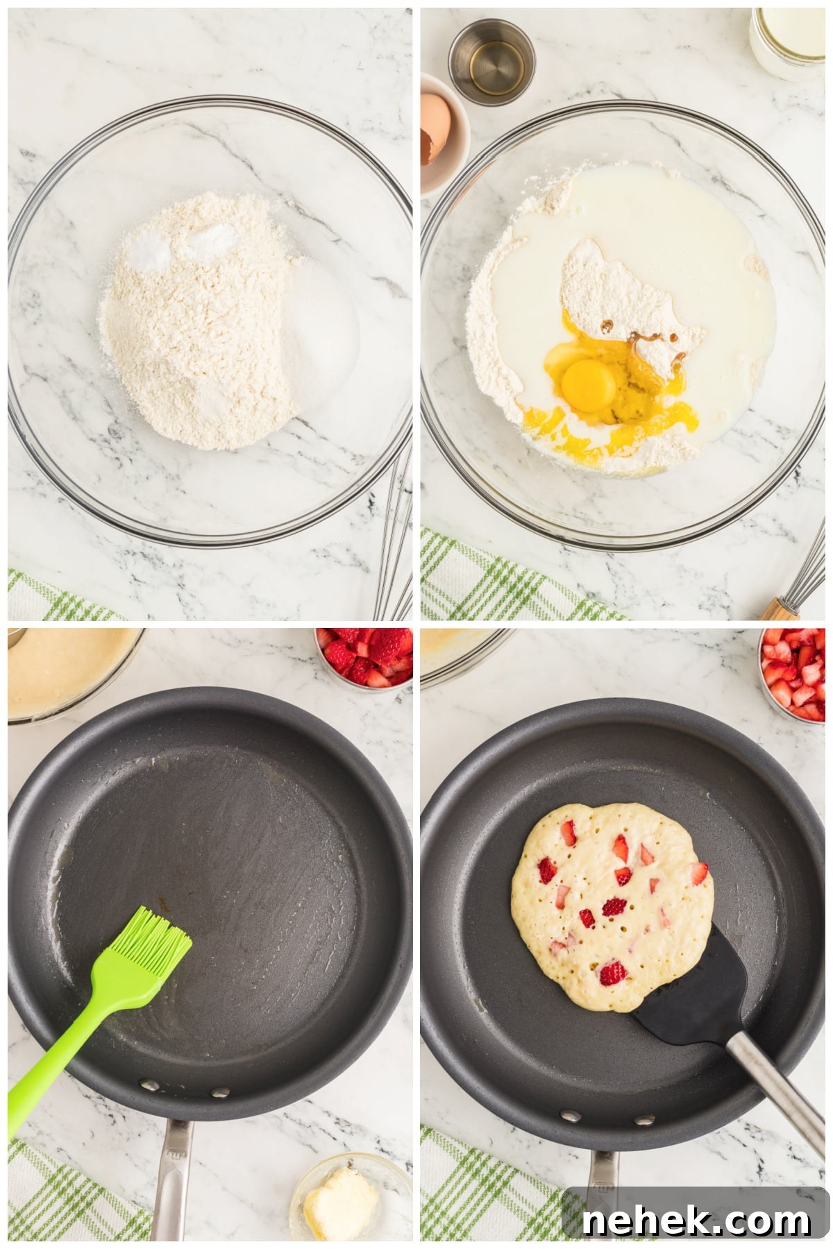 A collage of four images showing instructions to make the pancakes.