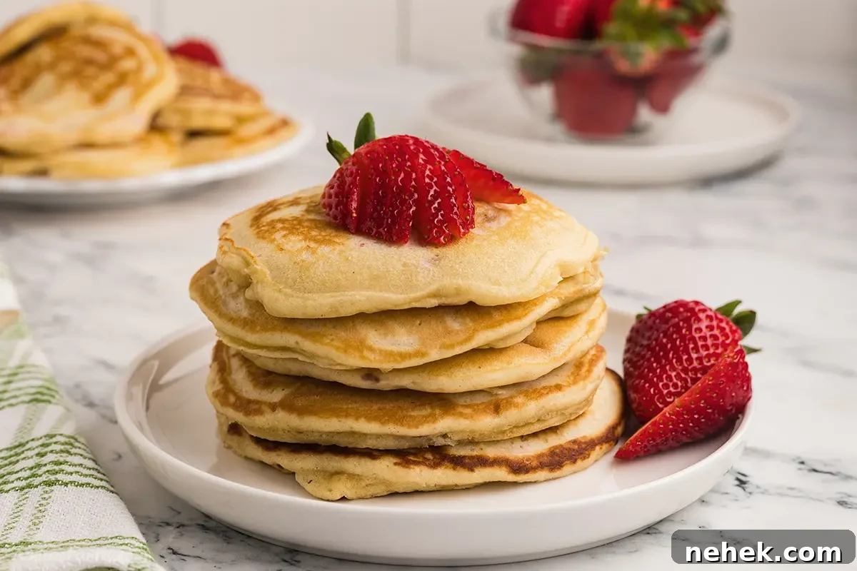 A stack of pancakes topped with strawberries.