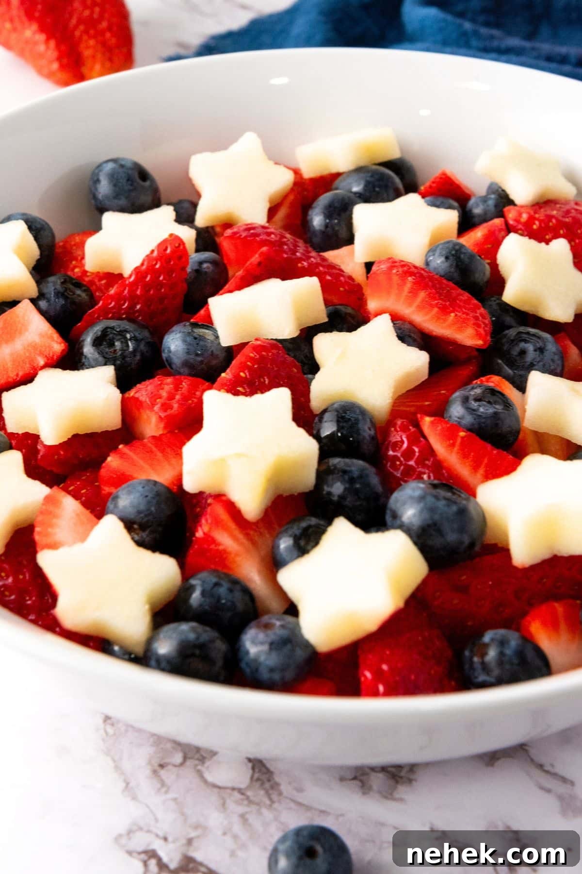 A big bowl of Fourth of July fruit salad