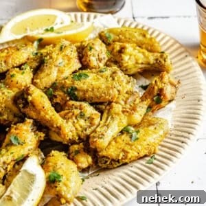 Lemon Pepper Baked Chicken Wings on platter with lemon wedges.