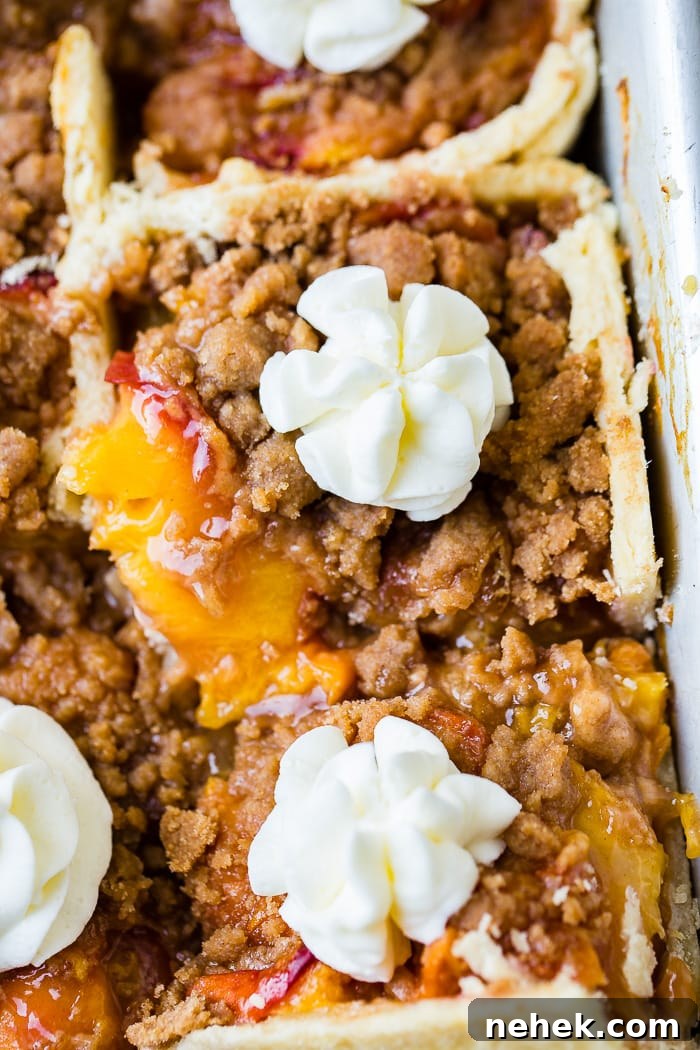 Brown Sugar Peach Pie Bars Recipe — Sticky Peach Dessert Bars 6 a pan full of brown sugar peach pie bars!