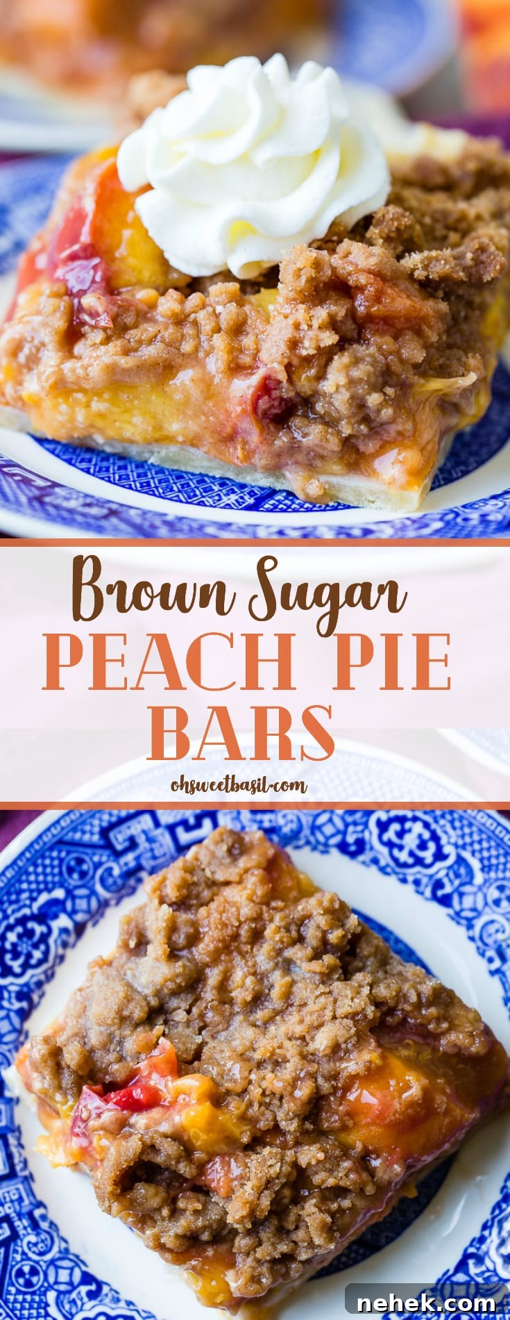 Brown Sugar Peach Pie Bars Recipe — Sticky Peach Dessert Bars 8 A purple napkin under a vibrant blue china designed dessert plate with a slice of brown sugar peach pie bars with a piped whipped cream dollop on top