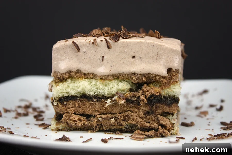 Chocolate Tiramisu  on a white plate with a chocolate shaving garnish.