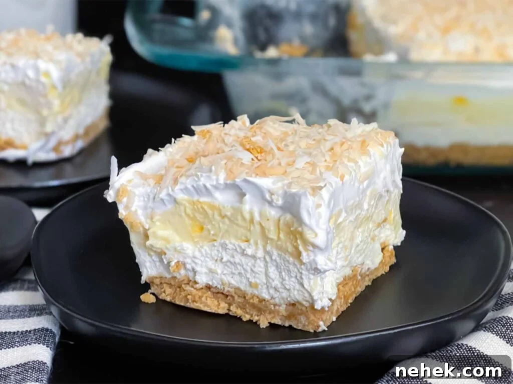 Slice of coconut cream lush on a dark plate on a dark surface.