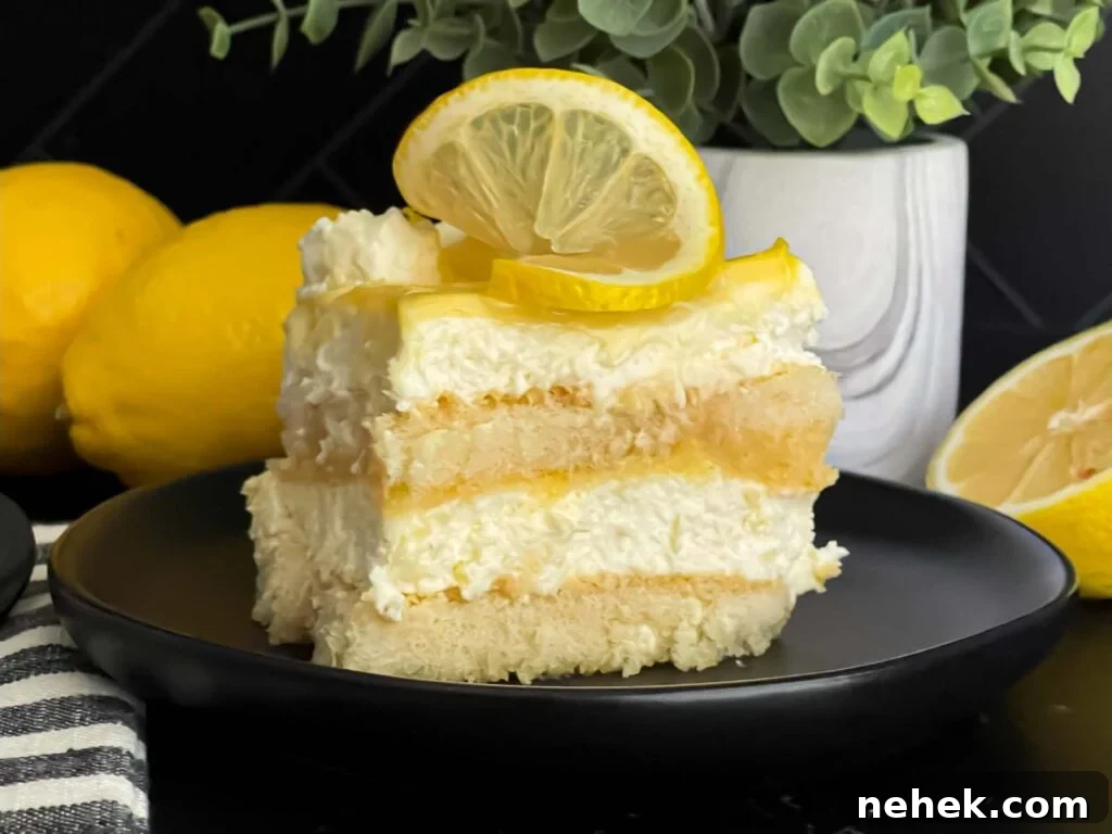Limoncello tiramisu serving on a dark plate on a dark surface.