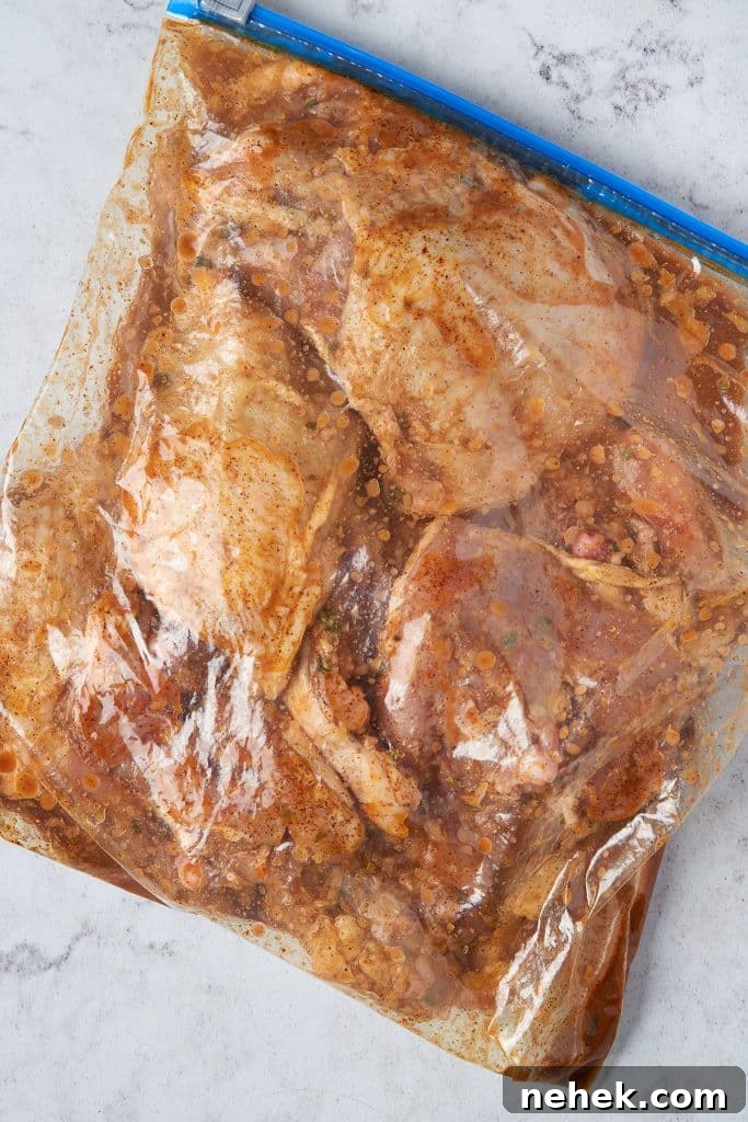 Chicken in pollo asado marinade in a resealable bag.