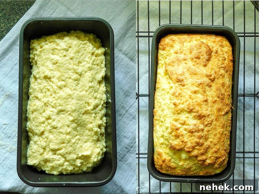 low carb bread unbaked and baked in baking pans side by side