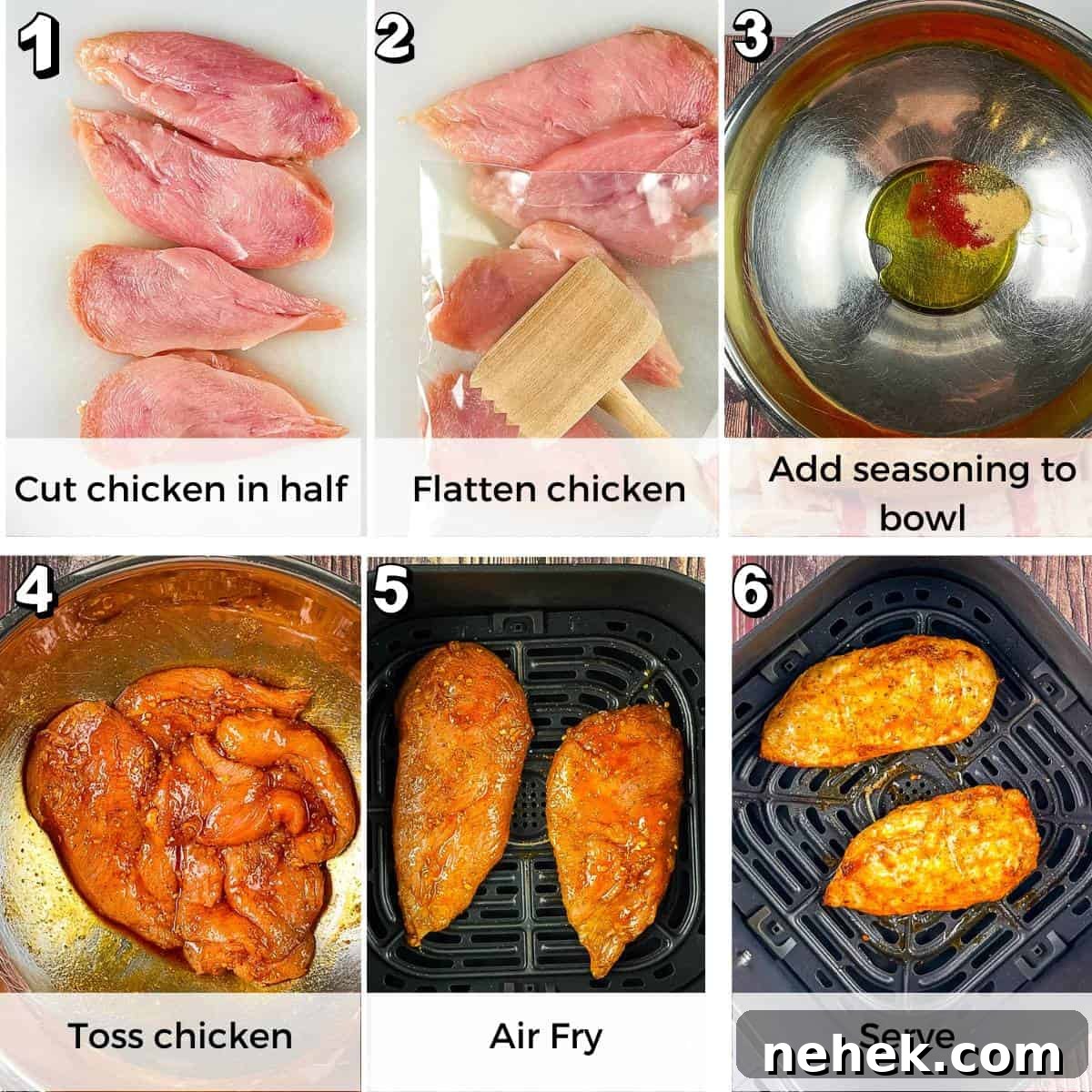 Six photos showing the steps to make air fried chicken breasts for air fryer chicken alfredo.