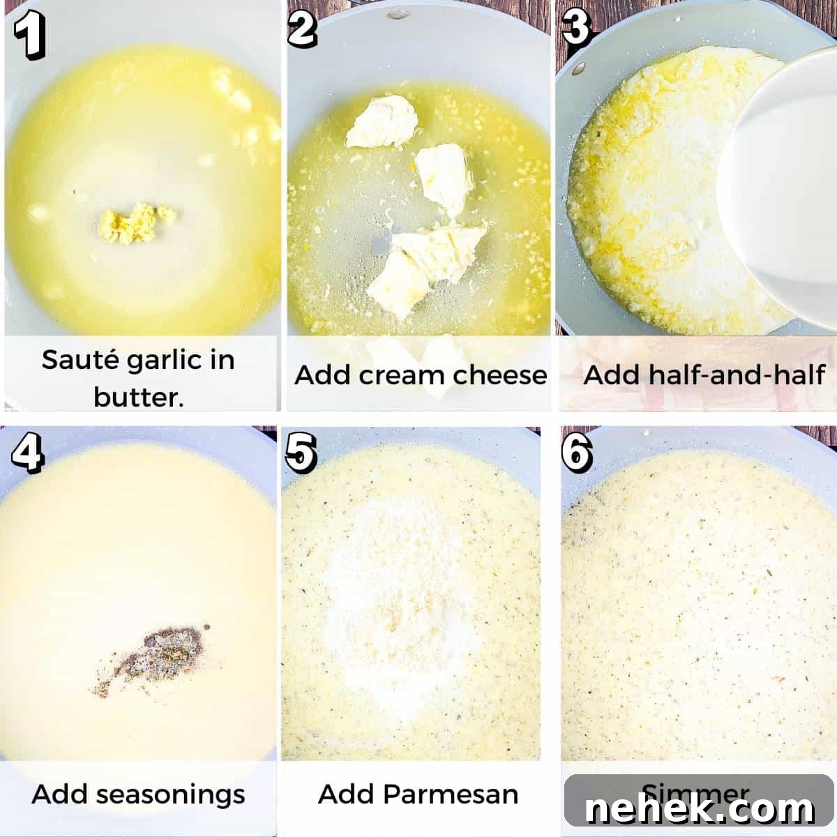 Six photos showing the steps to make homemade Alfredo sauce.
