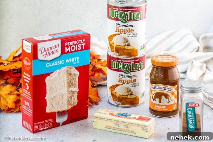 Caramel Apple Dump Cake Recipe with Homemade Sauce 3 Ingredients in packages sitting on counter, including red box white cake mix, 2 cans apple pie filling, a jar caramel sauce, jar of cinnamon, and one stick of butter.