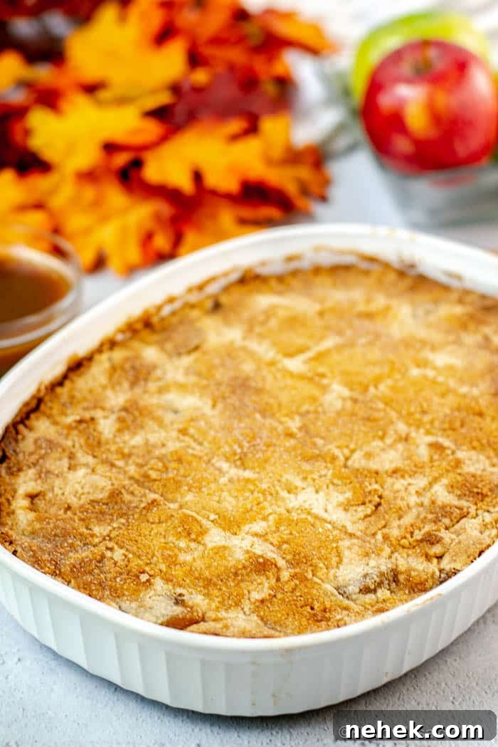 Caramel Apple Dump Cake Recipe with Homemade Sauce 7 Whole Apple Dump Cake in white baking dish after baking.