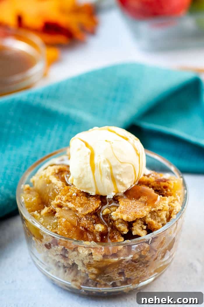 Caramel Apple Dump Cake Recipe with Homemade Sauce 8 Single serving of Apple Dump Cake in a glass bowl topped with vanilla ice cream and drizzled with caramel sauce.