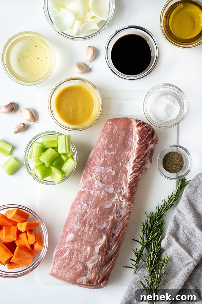 Ingredients to make Pork Loin with Honey Mustard and Herb on a white surface.