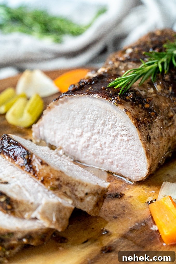 Sliced Pork Loin on a cutting board.