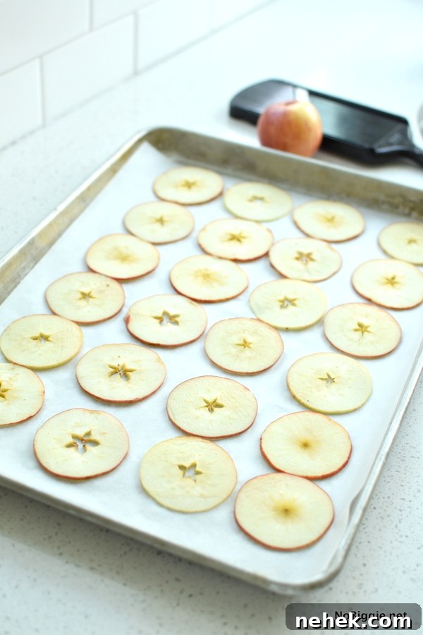 Baked Cinnamon Apple Chips sliced thin