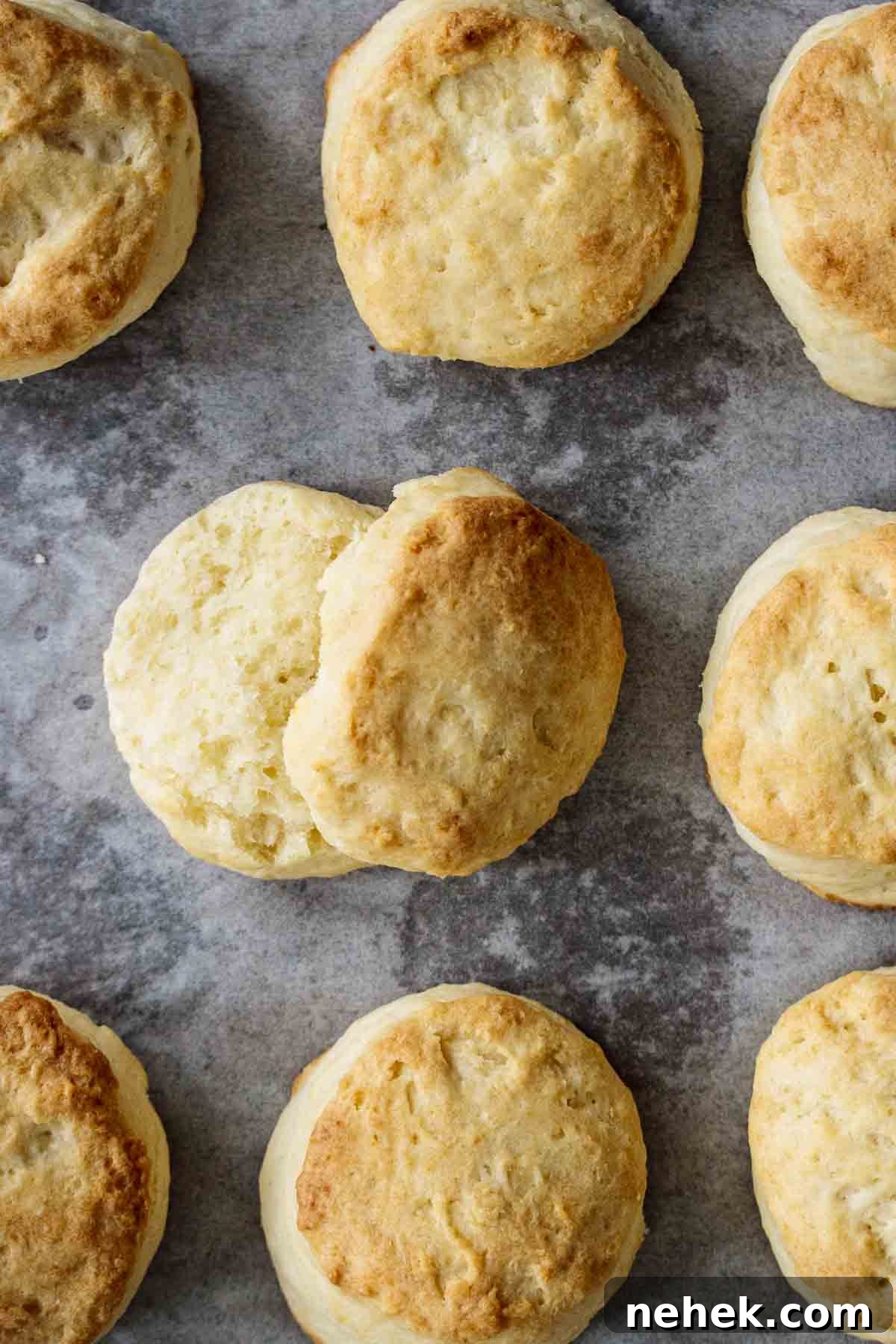 Biscuits cooling on a lined sheet pan.