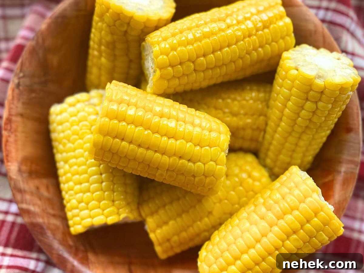 Corn on the cob cut into 4-inch segments in a wooden bowl.