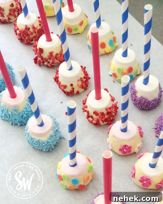 marshmallows on sticks dipped in chocolate and covered with sprinkles