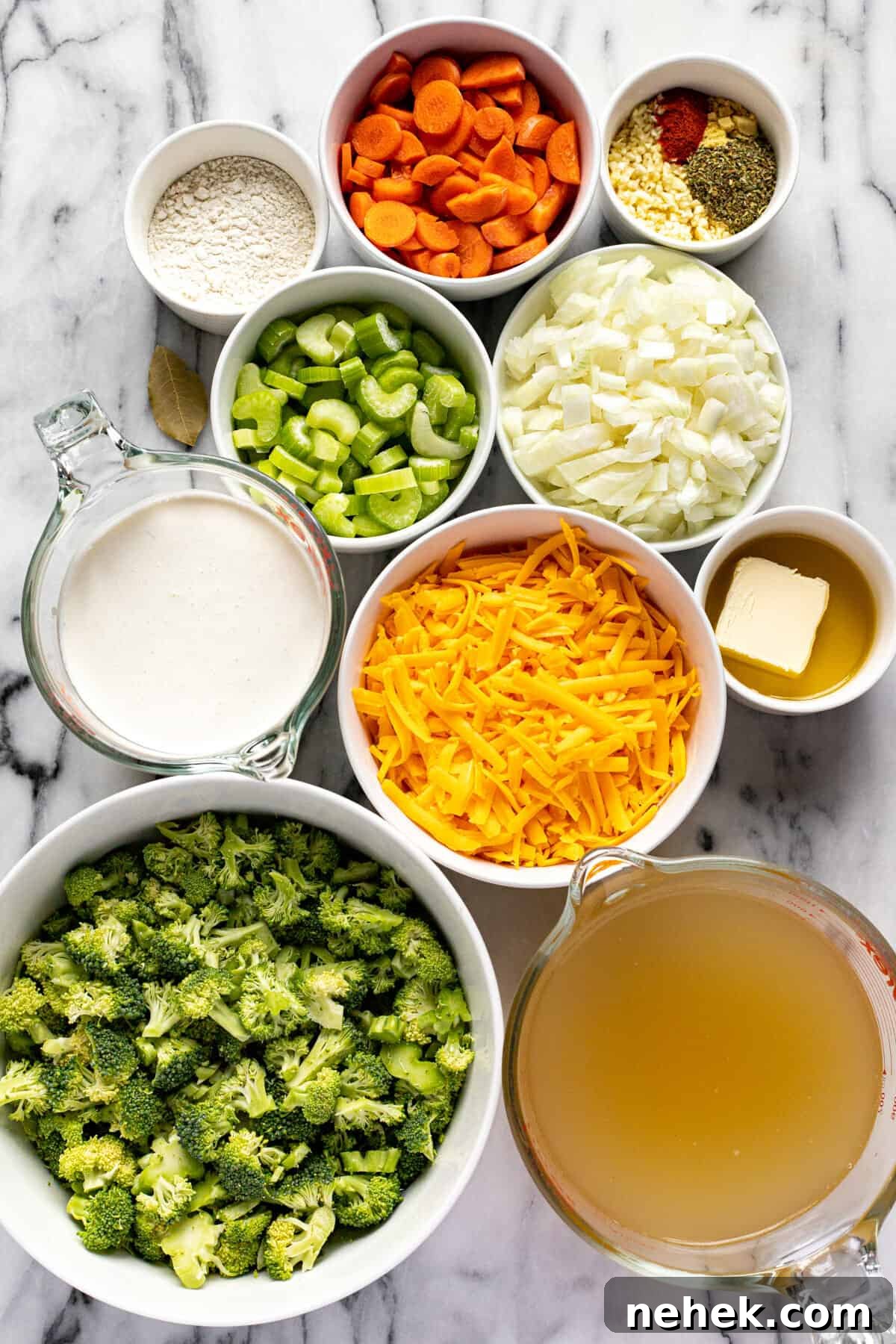 Creamy Instant Pot Broccoli Cheddar Soup Recipe 3 White marble counter top with bowls of ingredients to make instant pot broccoli cheese soup.