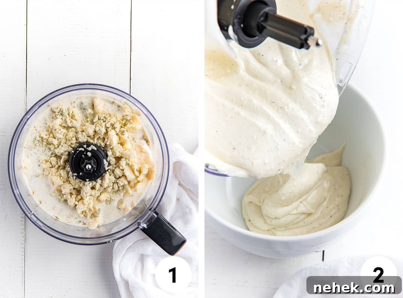 Collage showing the dressing a food processor and then pouring the blue cheese dressing into a large bowl.