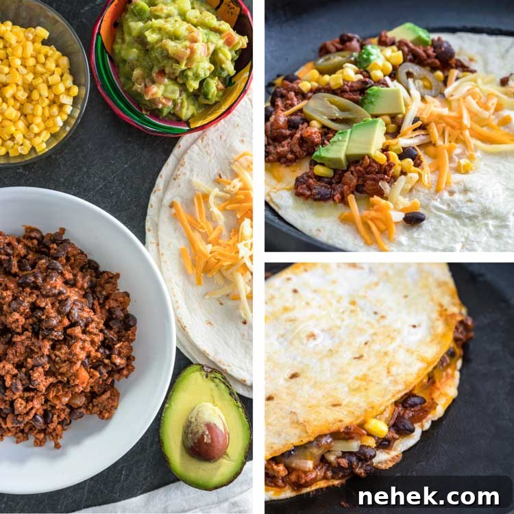 My Crispy Ground Beef Quesadillas are filled with melted Queso quesadilla, cheddar or Monterey Jack cheese, seasoned ground beef, avocado, beans and corn. prep shot of Crispy Ground Beef Quesadillas ingredients and cooking