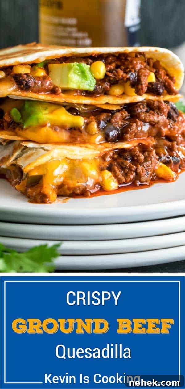 Crispy Ground Beef Quesadillas Recipe — Quick Homemade Tex-Mex 3 stacked beef quesadilla on plate