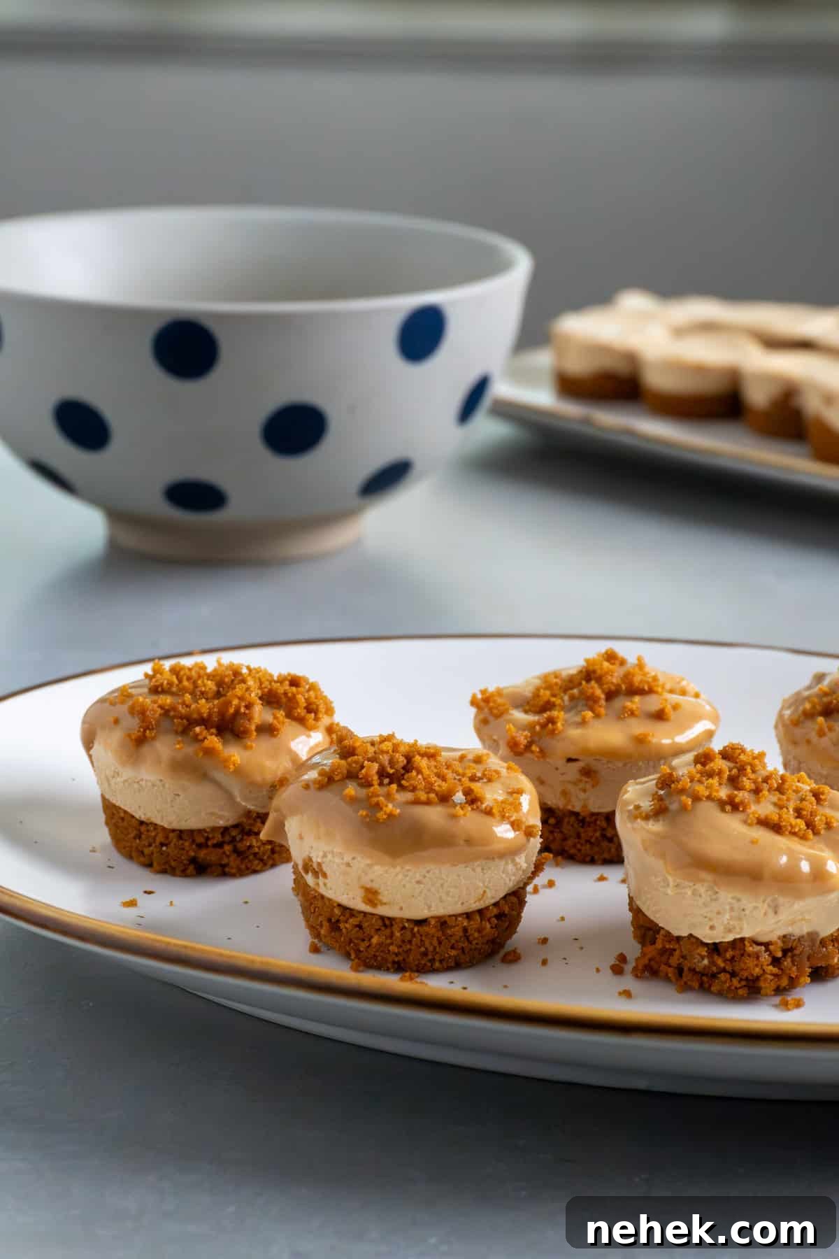 Mini biscoff cheesecakes on a small plate.