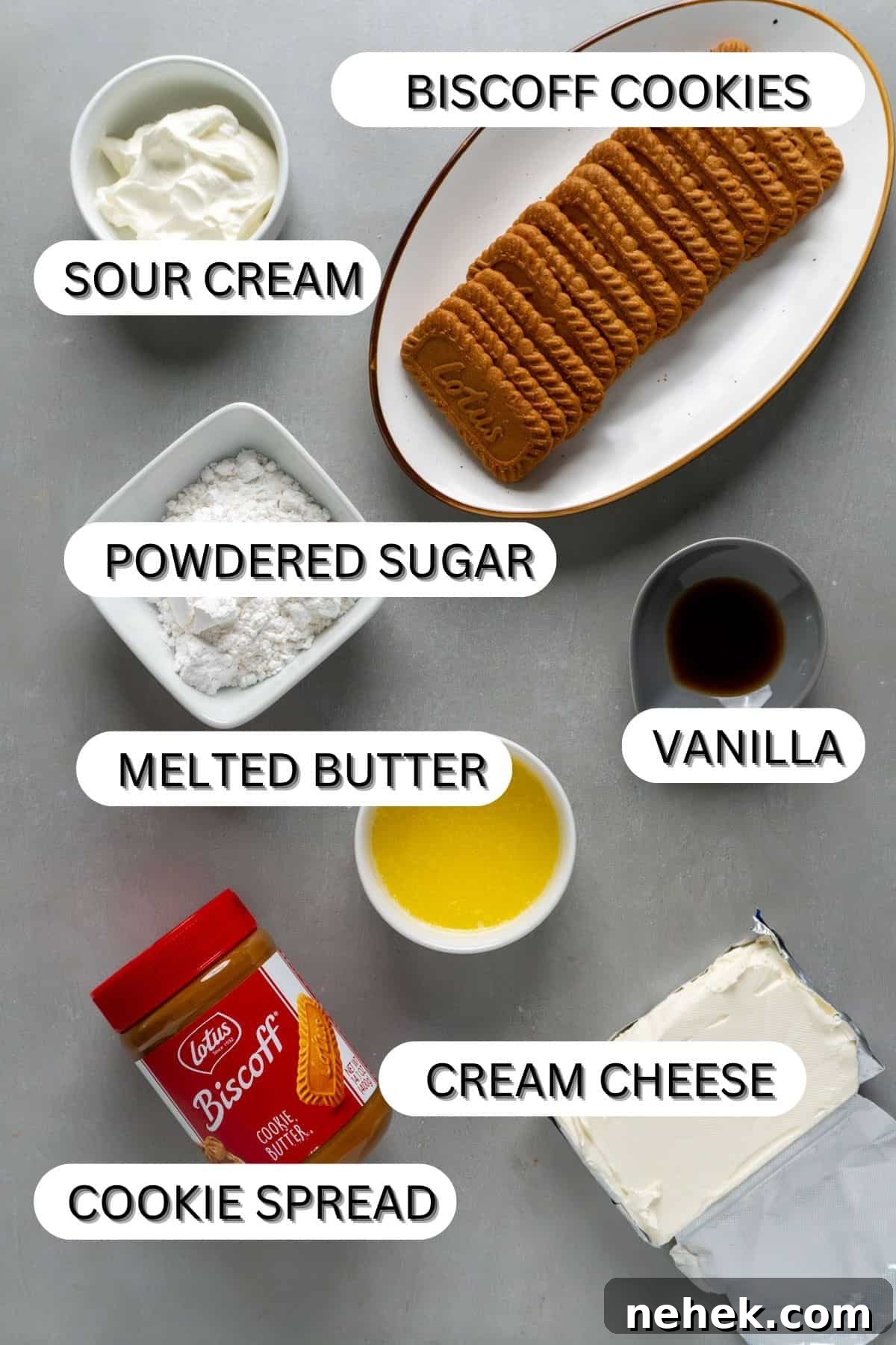 Ingredients for mini biscoff cheesecakes on a gray table.